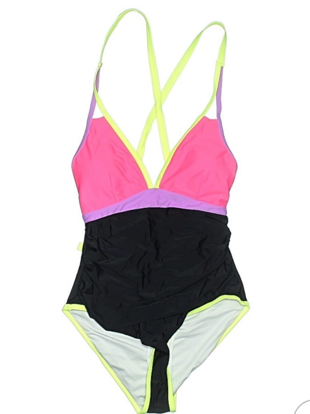 NWT-Popvil- Colorblock One-Piece Swimsuit in Pink, Black & Neon Yellow